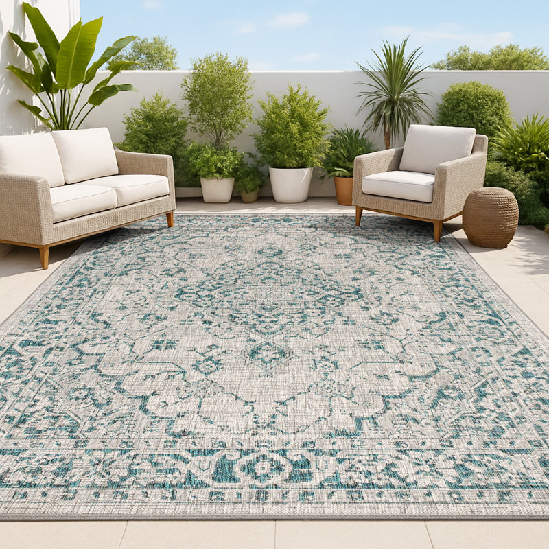 Tapis d'intérieur / extérieur gris / bleu sarcelle Nate Boho, Rectangle 9 pi x 12 pi