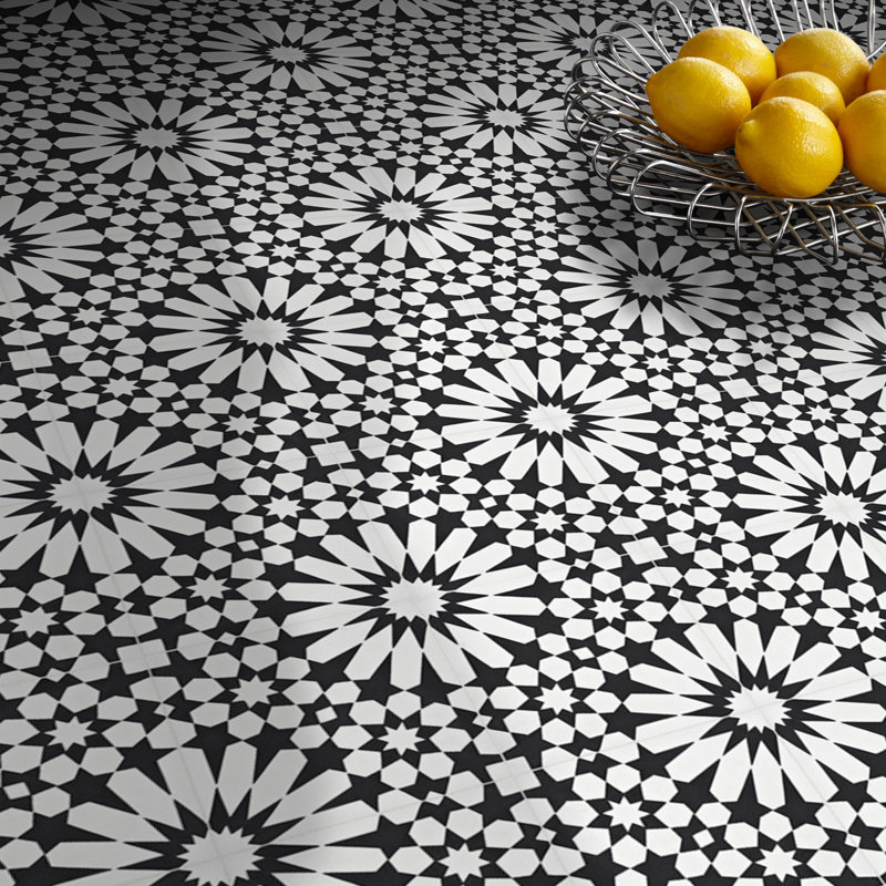 Agdal 8" x 8" Cement Patterned Wall & Floor Tile, Black/White