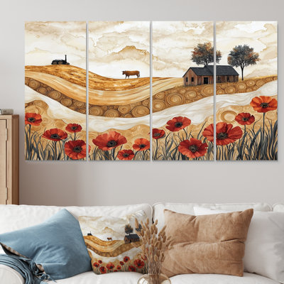 «Country coquelicots et vache et la grange I» - - Décoration murale coquelicots - - Art mural traditionnel Tra
