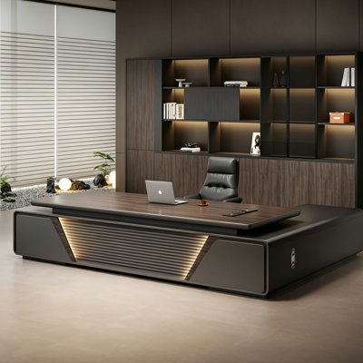 Bureau de direction moderne en L de 280 cm (110,24 po) – Plateau en MDF avec caisson de rangement latéral en panneaux de particules, tiroirs et étagères ouvertes, bureau du PDG grande capacité