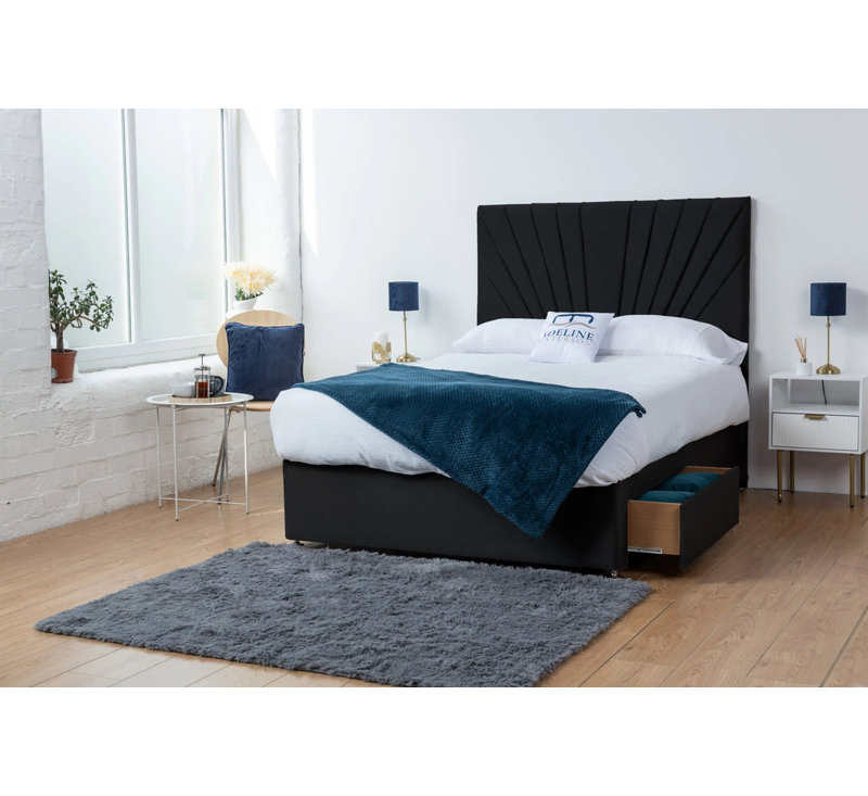 Royal Plush Fabric Divan Bed Set with 20'' Sunburst Headboard, 10'' Spring Memory Foam Mattress, and 2 Drawers, Charcoal