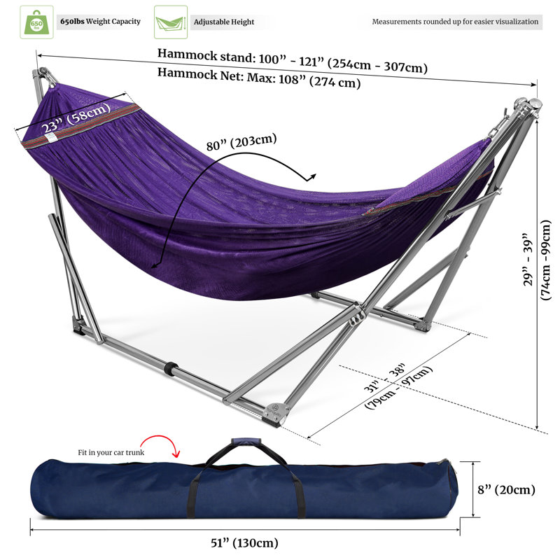  Hamac double avec support Capacité de 650 lb Hamac double avec barre d'écartement, acier inoxydable de qualité supérieure 201, installation des années 30, support de hamac flexible et robuste, intérieur, extérieur, mauve