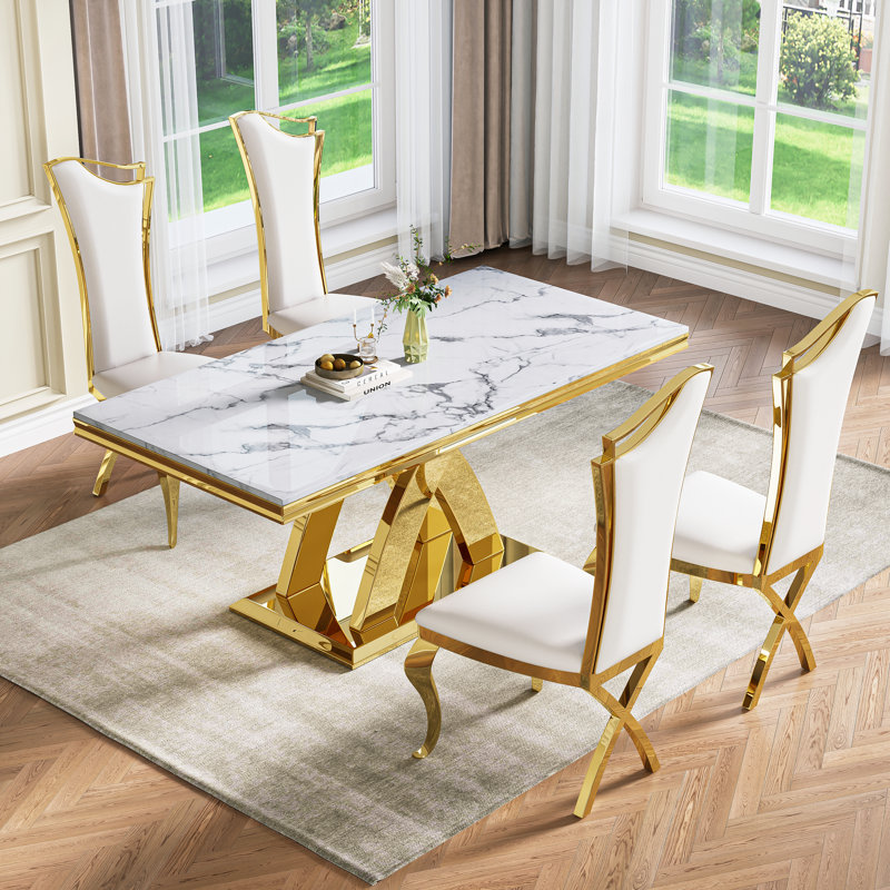70.08" Rectangular Faux Marble Top Pedestal Dining Set, Gold, 5 Pieces: Table, 4 Chairs
