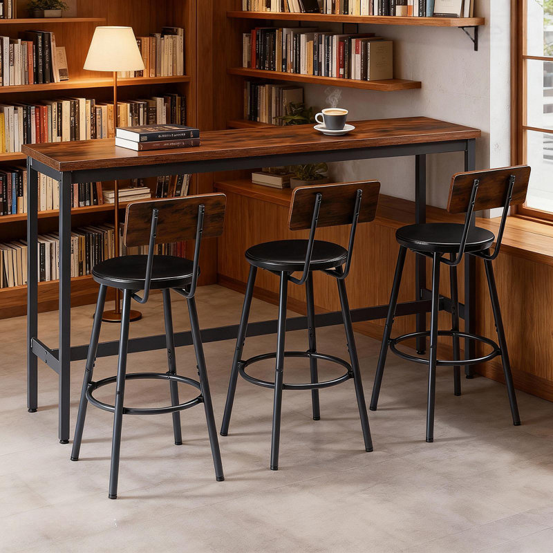 Ensemble de table de bar et de chaises pour 3, ensemble de table de salle à manger industriel 4 pièces avec 3 tabourets de bar rembourrés en polyuréthane, ensemble de table de bar pour la cuisine, la salle à manger, le salon, le bar, le café, le coin petit espace, brun rustique