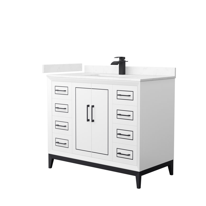 Ensemble de meuble-lavabo simple 42 po Marlena, Blanc, Noir mat, Marbre de culture de Carrare
