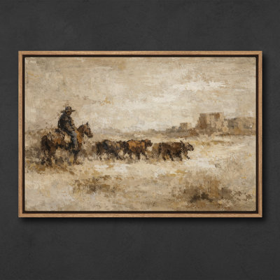 Rustic Ranch Scene with Cowboy and Cattle Framed Print Wall Art