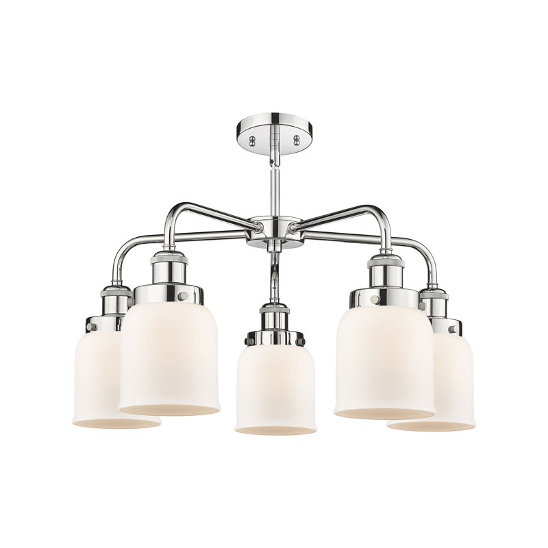 Lustre en verre à 5 lumières Bell, Blanc mat, Chrome poli
