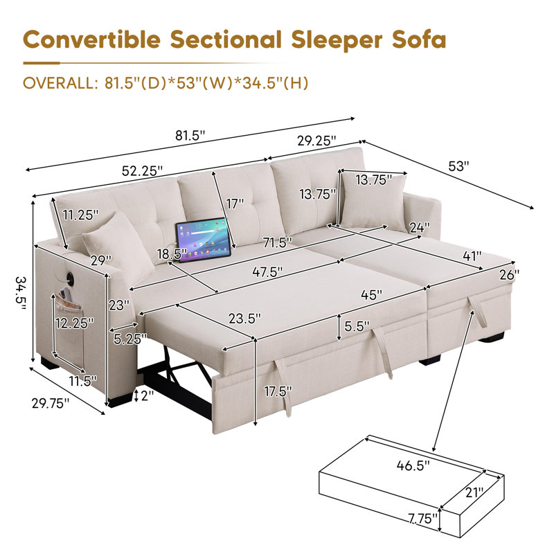 81.5" Convertible Section Sleeper Sofa with Pull Out Couch Bed |Reversible Chaise | USB Ports | Side Pockets, L Shaped Upholstered Modular Couches for Living Room, Beige