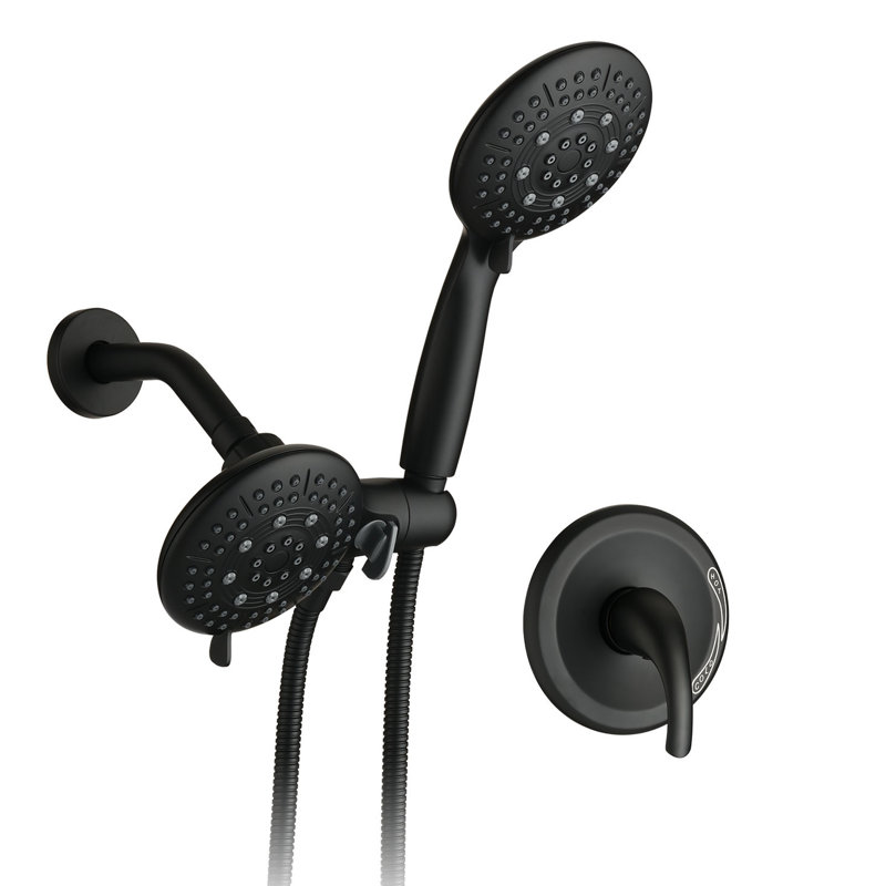 Pomme de douche High Rain avec douchette - Laiton noir mat, fixation murale, débit de 1,8 gallon par minute, 6 modes de jet, débit d'eau réglable, modes laiton et valve inclus, installation facile