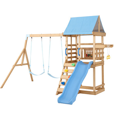 KizzParnrr Swing Set with Wave Slide, Play Deck, Puzzle Four Color Chess , Rock Wall Ladder, Gymnastic Rings Pull up Rings, Belt Swings, Canopy Roof, Outdoor Playset