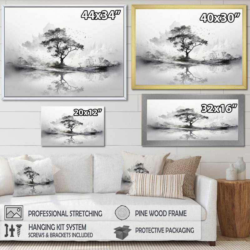Grey White Minimalism Tree Ink Harmony III - Floral Wall Decor, Cadre photo argenté, H 12 po x l 20 po x P 1 po
