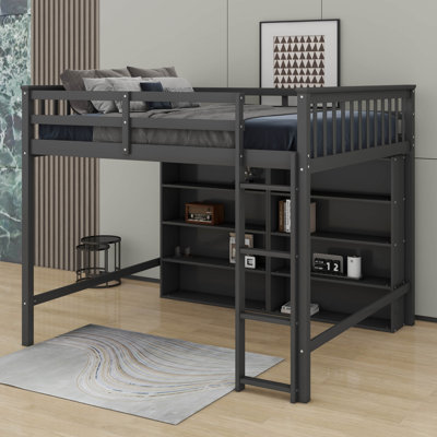 Full Size Loft Bed With Open Storage Shelves