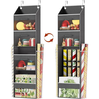 Over Door Wrapping Paper Organizer Storage With 3 Removable Drawers & Side Pockets – Dual Use Design With Elastic Straps – Christmas Gift Wrap Storage For Ribbons, Bows, Ornament And Other Tools