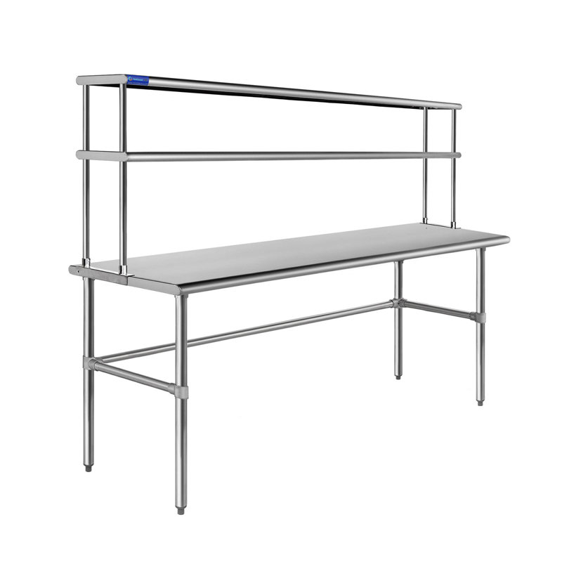 Open Base Stainless Steel Table with Double Tier Overshelf, 67" H x 60" W x 24" D