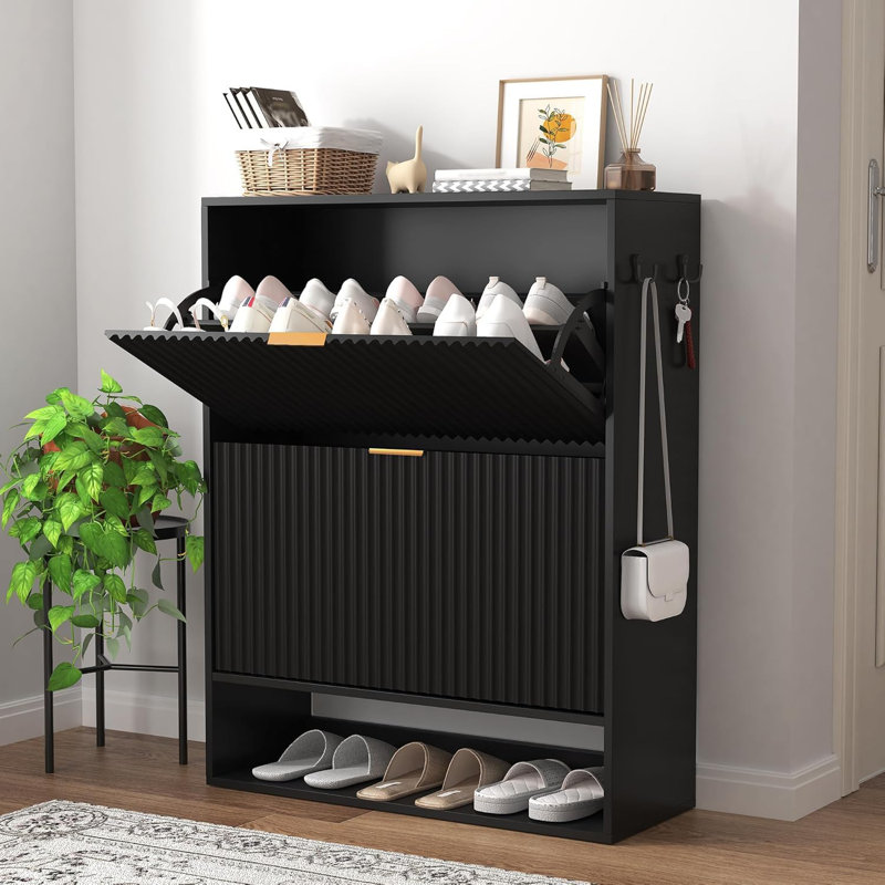 Slim Freestanding Shoe Cabinet, Narrow Fluted Shoe Storage Organizer with Removable Side Hooks, Black