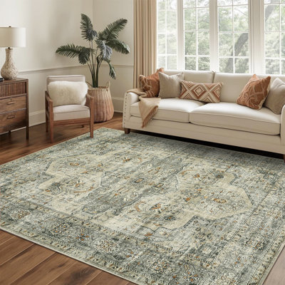 Vintage Area Rug Bohemia Oriental Floral Printed Distressed Rug for Living Room Bedroom Indoor Low Pile Washable Carpet Enterway Runner Rug Stain Resistant Non Slip Kitchen Rug Soft Floor Mat Room Decor Rugs Office Farmhouse