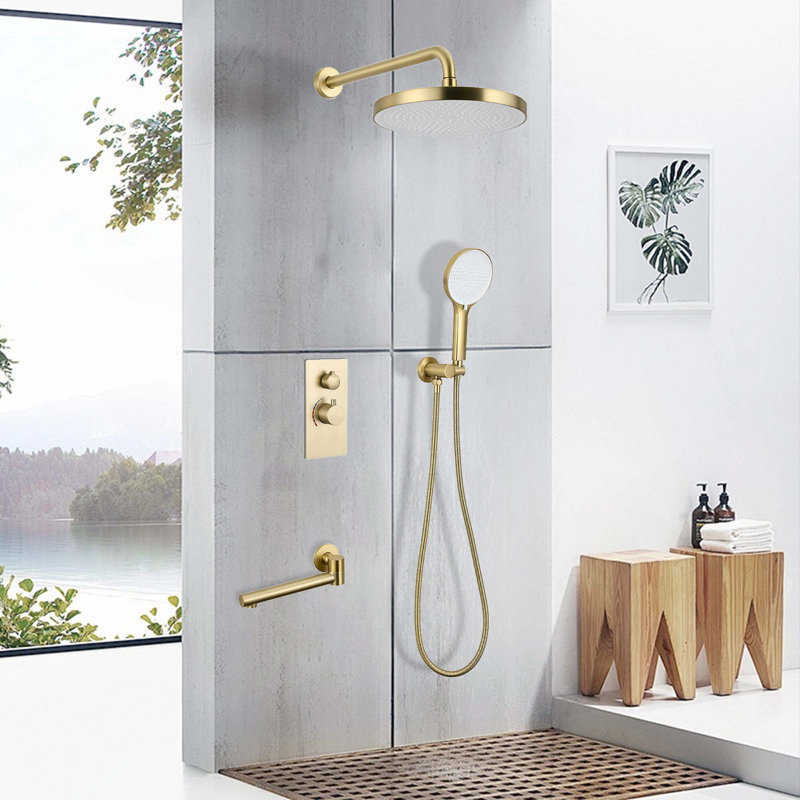 Luxury 3-Function Shower System Set 10" Overhead Shower, 3-Spray Handheld with Bathtub Spout, Brushed Gold