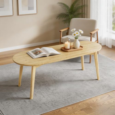 Oval Coffee Table, Low Floor Table with Solid Wood Legs, Small Side Table