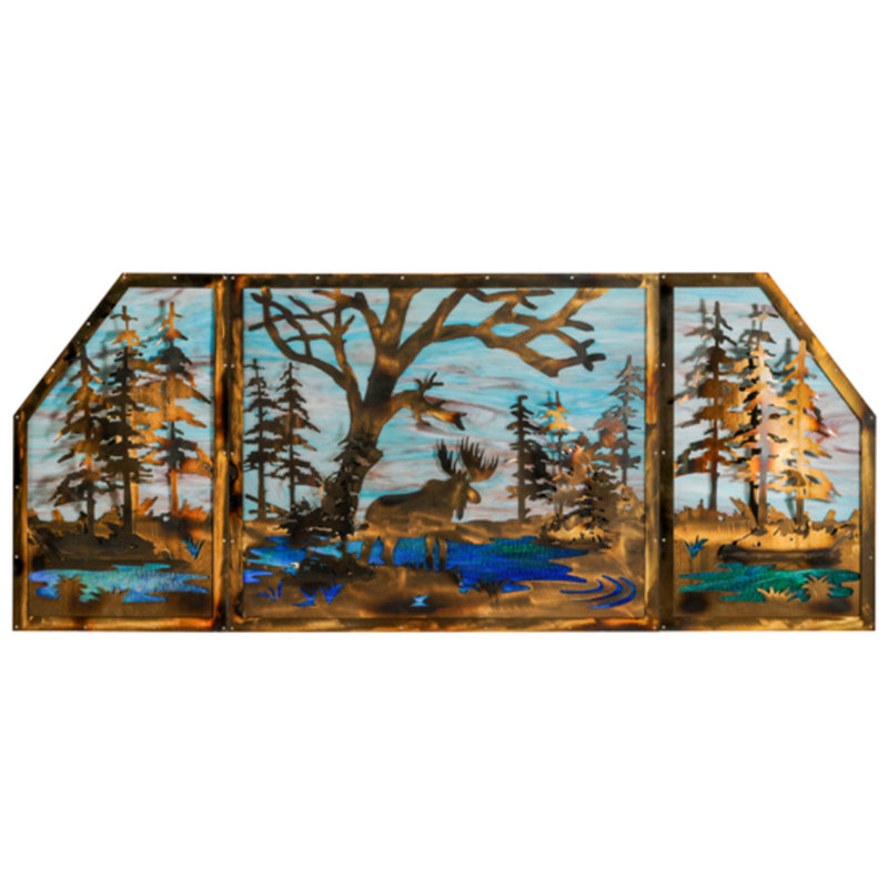 Moose at Lake 3 Panel Stained Glass Window