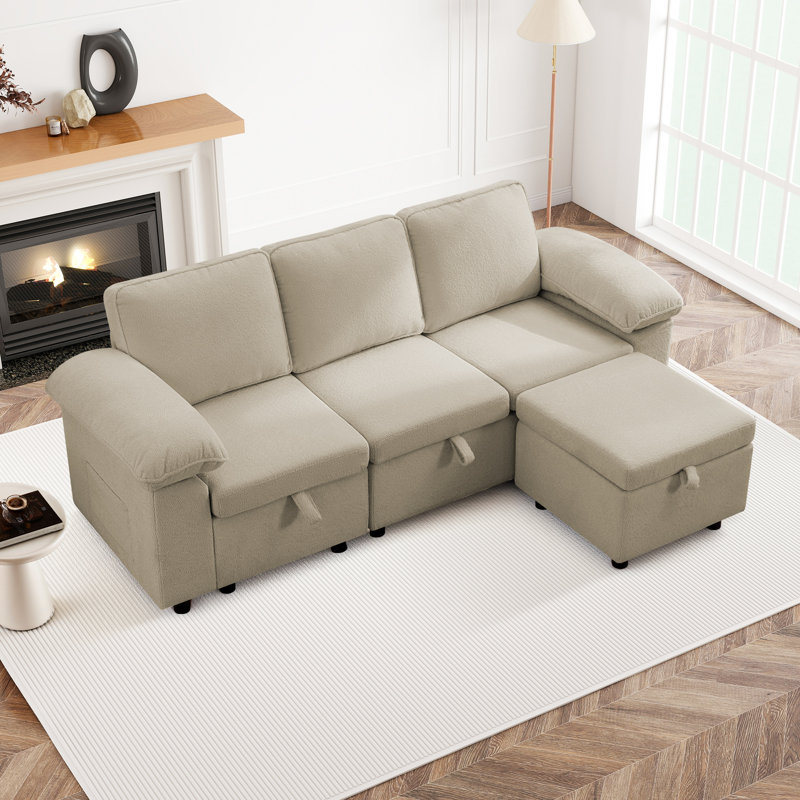 Waldorf 91.7" 3-Seat Sectional Sofa With Ottoman And Built-In Storage, Oatmeal