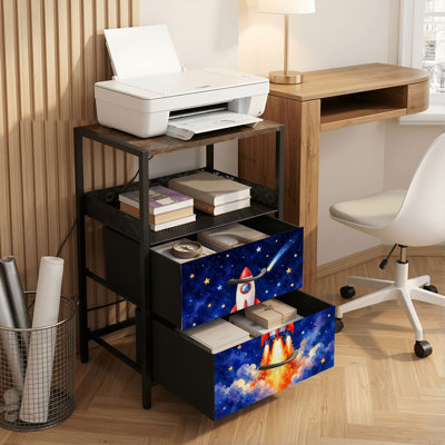 2 Drawers Nightstand with Charging Station, Bedroom Nightstand with USB Ports &amp; Outlets Open Shelf Black, night stand with Watercolor Rocketship Deep Space Stars Print