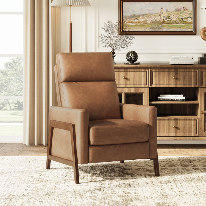 Mid-Century Modern Push-Back Recliner Chair, PU Leather Armchair, Cocoa