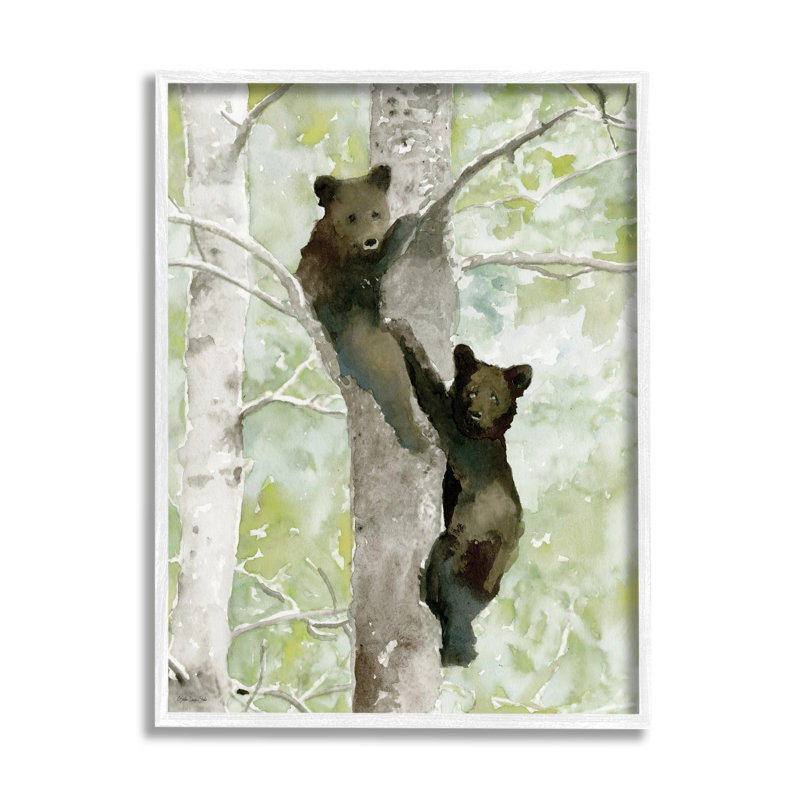 Bear Cubs Climbing Tree Nature - impression, H 14 po x l 11 po x P 1,5 po, Giclée encadrée blanc bord de mer