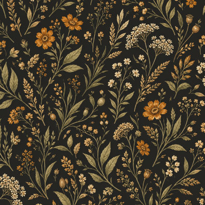 Papier peint adhésif décoratif à motif floral botanique vintage, feuilles d'olivier dorées, couleur foncée. Décoration murale amovible et autocollante pour chambre, cuisine et placards (61 cm x 300 cm).