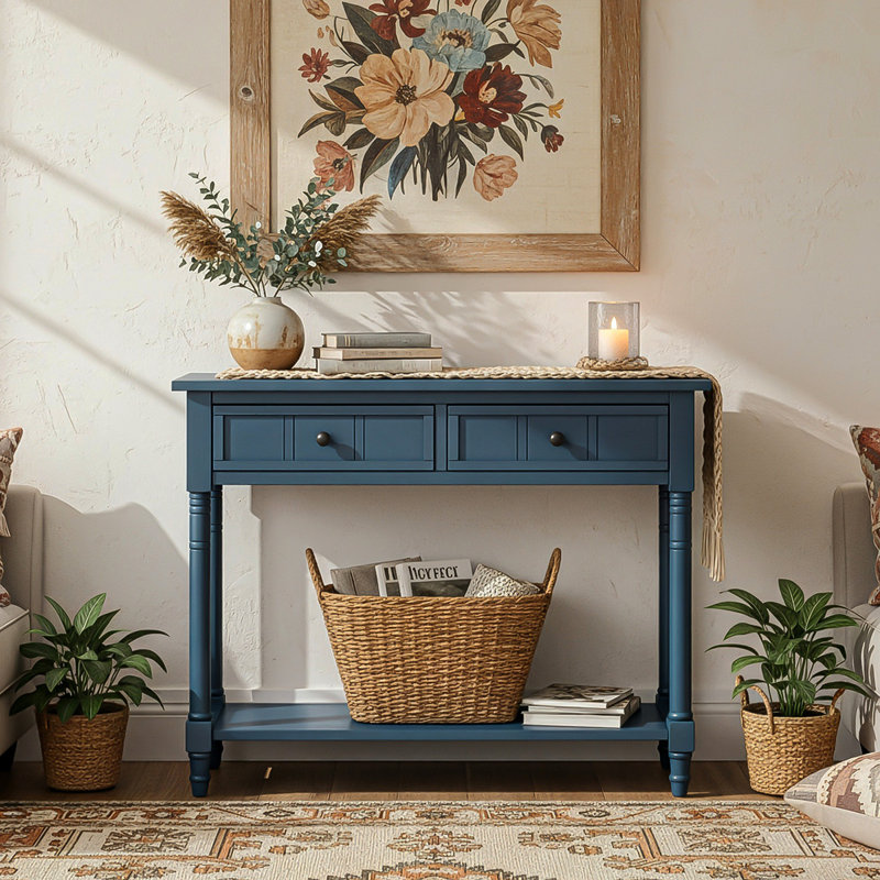 35.34" Console Table Two Storage Drawers & Lower Shelf, Solid Wood Frame, Elegant Modern Style, Entryway, Living Room, Bedroom