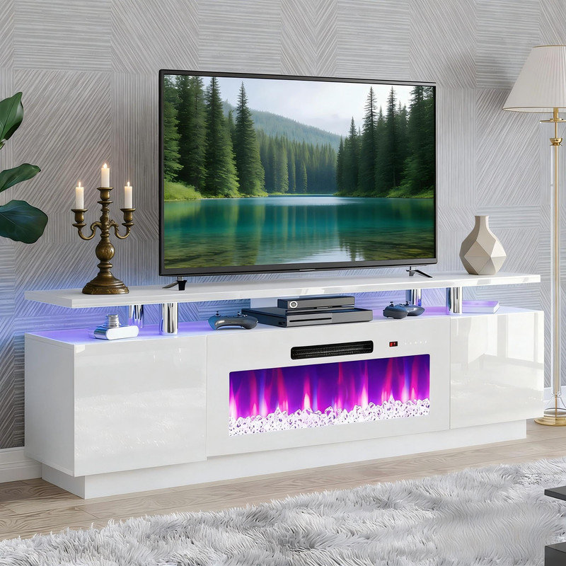 Meuble télé foyer blanc de 152 cm (60 po), centre de divertissement électrique avec 12 couleurs de flammes