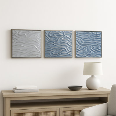 Ensemble de 3 décorations murales sur toile en verre et acrylique texturé bord de mer argenté et métallique 20 po pour la maison, le bureau, la chambre à coucher et le salon
