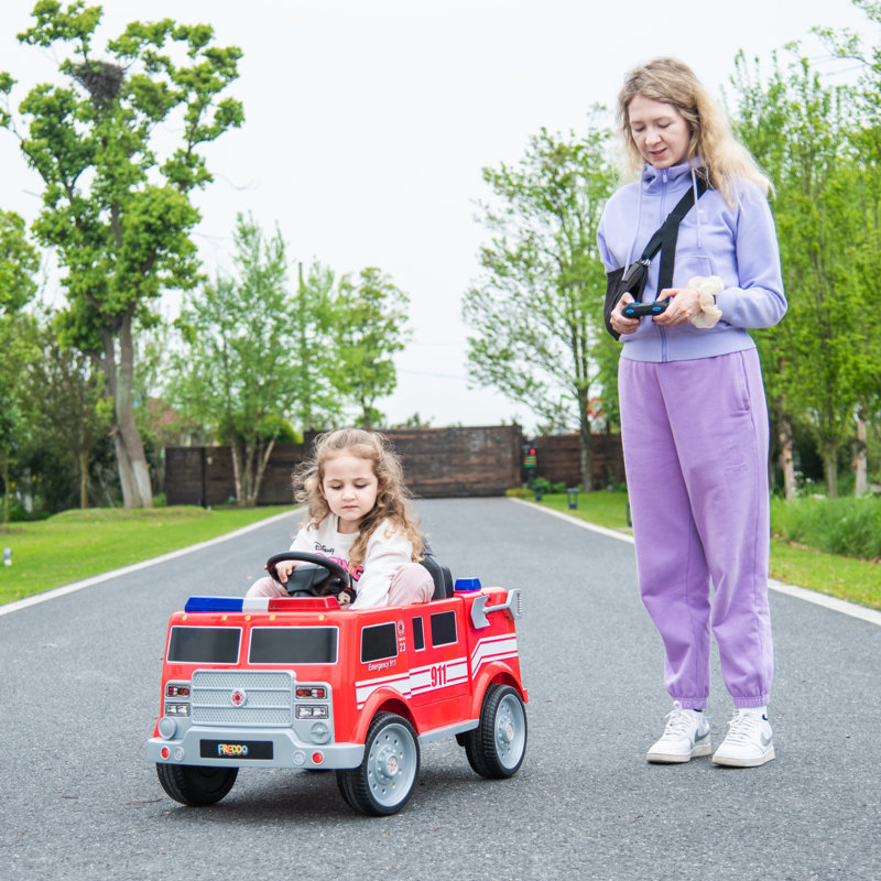 Red 12-Volt Fire Truck Ride-On with Leather Seat