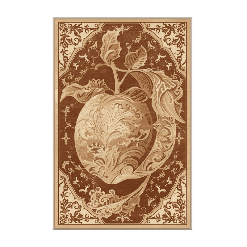 Machine Washable Olney Peach Vintage Damask Rug in Brown – Beige Binding, 8x12