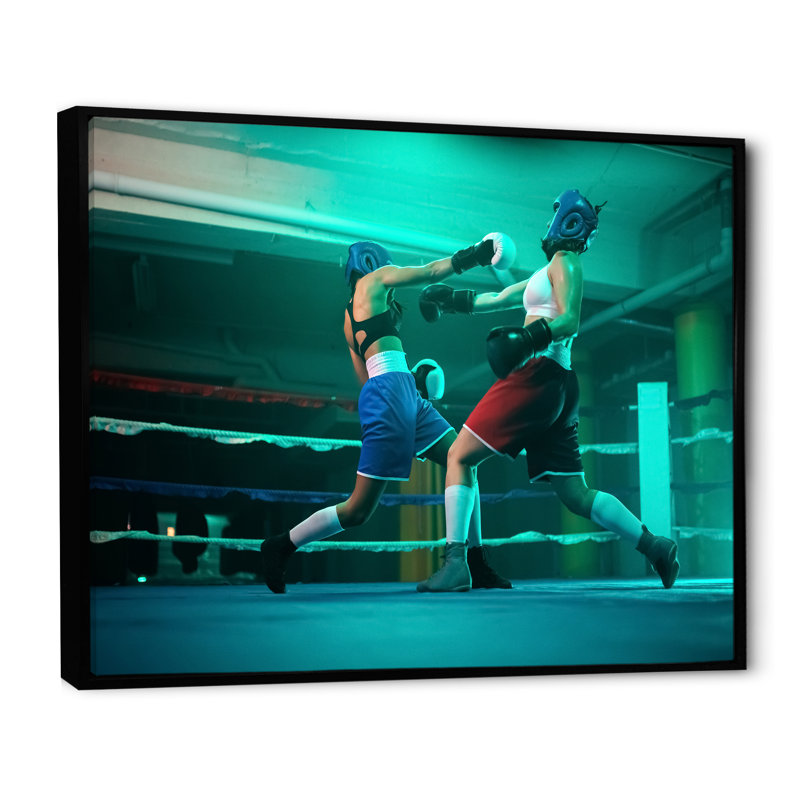 Boxer féminin dans la salle de sport - impressions de toile de boxe sportive, Cadre flottant noir
