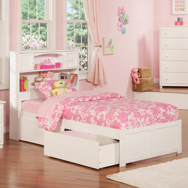 Casandra Solid Wood Platform Bed with Panel Footboard, Storage Drawers & USB Charger, Twin, White