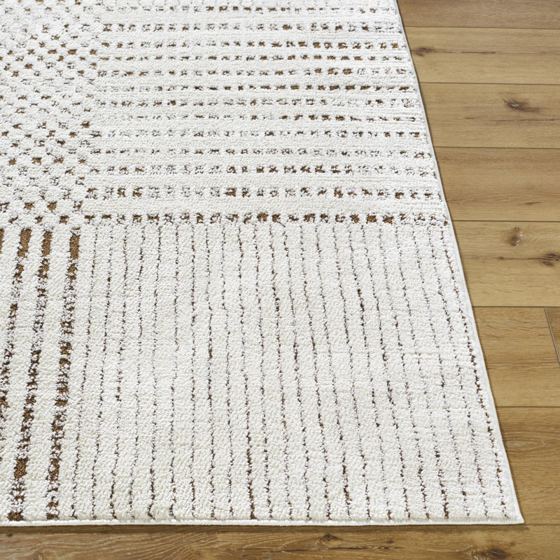Ivory and Dark Brown Geometric Polyester Area Rug, 6'7" x 9'