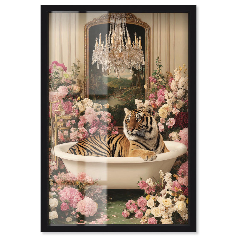 «Tiger in Spring Bathroom Shadowbox», art mural, 11 x 16, H 16 po x l 11 po, Structure noire