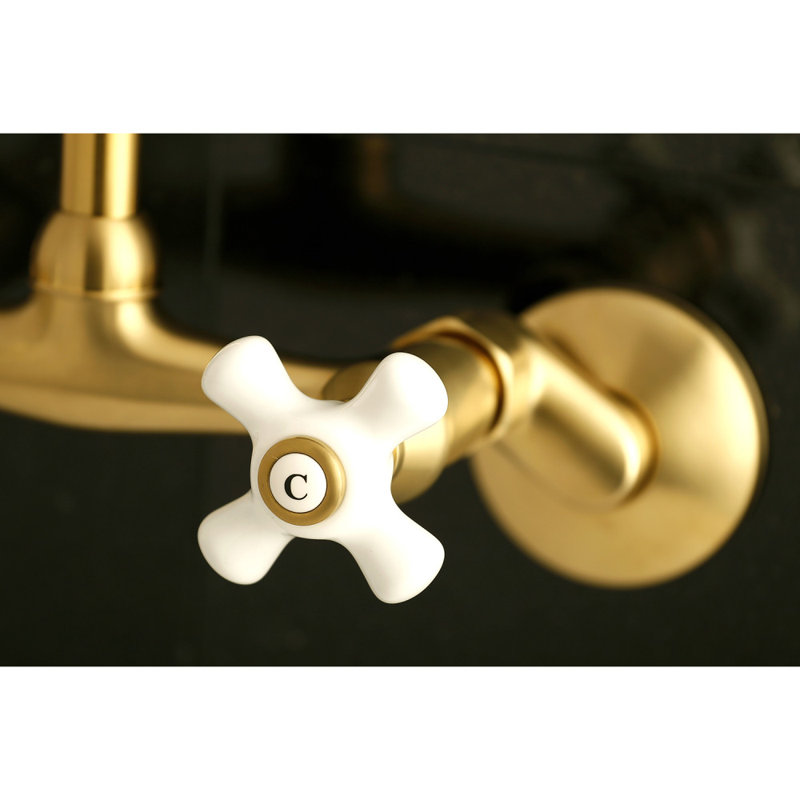 Kingston Double-Handle 2-Hole Wall-Mount Bridge Kitchen Faucet, Satin Brass