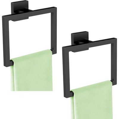 Paquet de 2 anneaux à serviettes en acier inoxydable noir mat, porte-serviettes de salle de bain et de cuisine à fixation murale moderne au design carré, résistant à la rouille et facile à installer