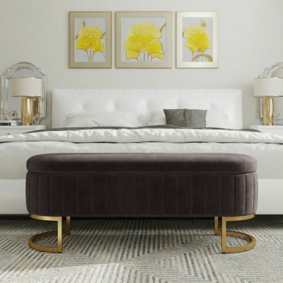 Banc de rangement 65 po avec pieds dorés, banc de fin de lit en velours pour salon, fenêtre, entrée
