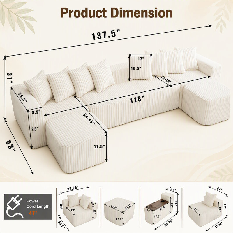 Canapé modulaire en forme de U avec port USB et chargement sans fil, table basse amovible, porte-gobelets, aucun assemblage requis, design confort six places.