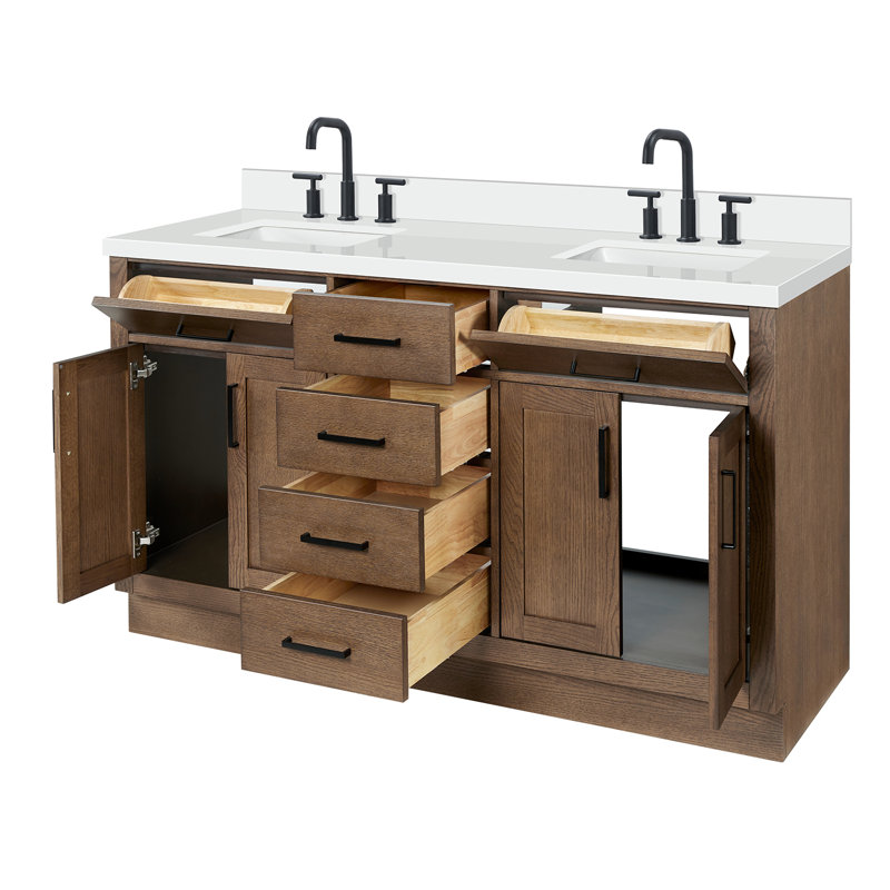 Meuble-lavabo double en bois massif Tidworth avec plateau en quartz blanc de 1,5 po, Forme rectangulaire