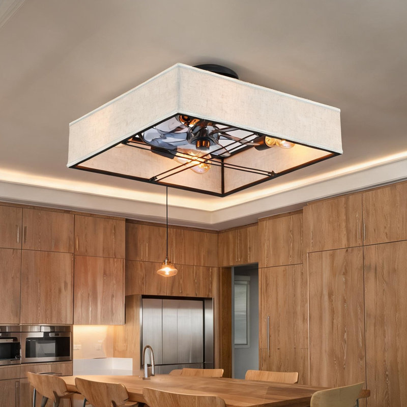 Ventilateur de plafond encastré carré en tissu et en métal de 16,6 pouces avec 7 pales PC au fini noir pour une utilisation de style maison de campagne