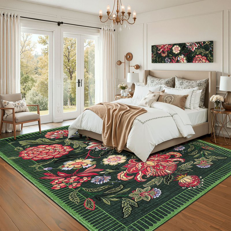 Floral Machine Washable Area Rugs for Living Room Bedroom Soft Non-Slip Vintage Dining Room Rug Low Pile Botanical Floor Carpet for Kids Room Classroom