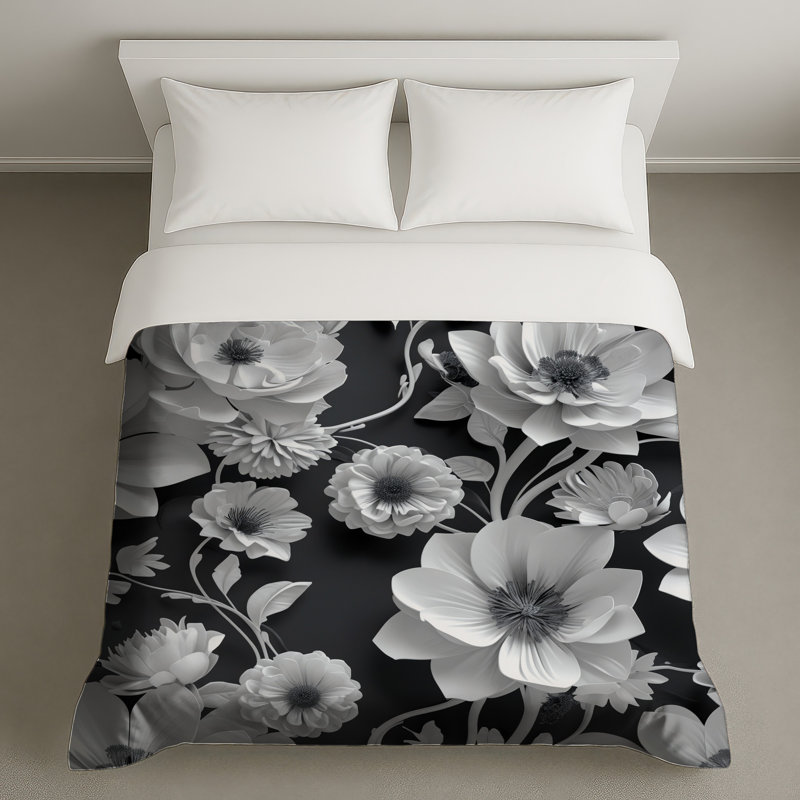 Housses de couette à motif floral noir et blanc, Lit simple