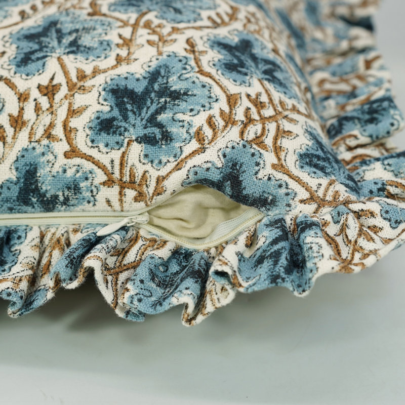 Housse de coussin en lin à imprimé de blocs Fab Fabine, printemps été, (Pushsamhita, bleu), H 14 po x l 14 po, Carré