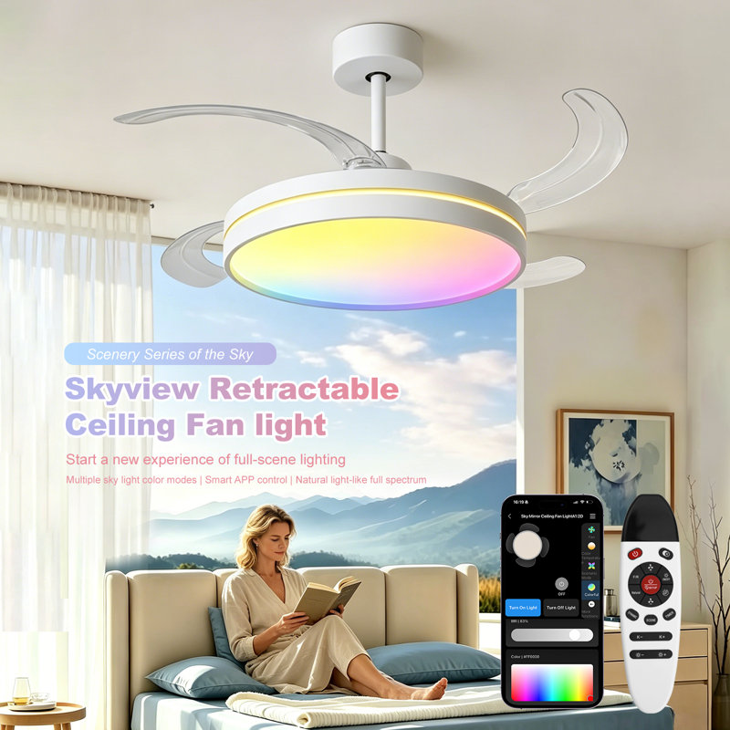 42In Retractable Ceiling Fan with Light and Remote/APP Control,Multiple Dynamic Modes RGB-LED light,6 Speed Reversible Modern Invisible Flush Mount Ceiling Fans with Lights for bedroom White