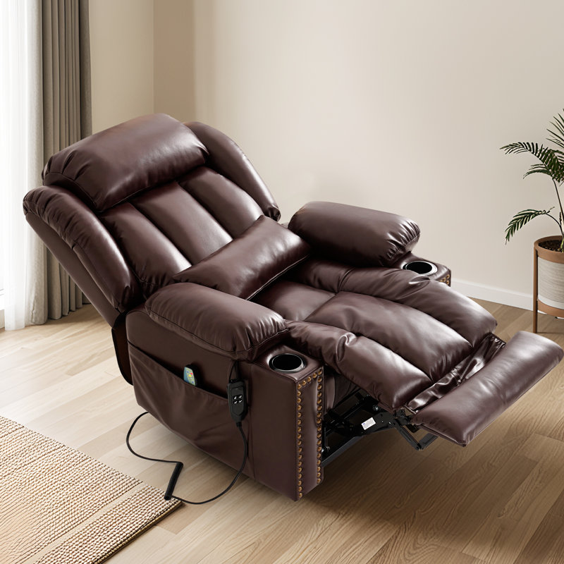 Power Lift Recliner Chair Dual Motor, Electric Leather Recliner For Elderly With Heat And Massage, Lay Flat Assist Recliner With Cup Holder (Brown)
