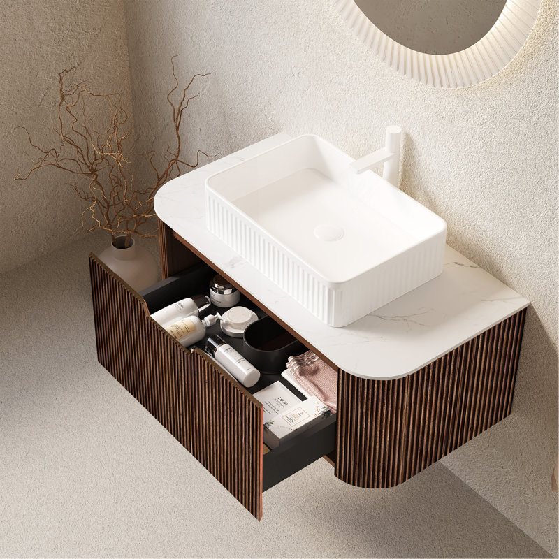 Meuble-lavabo de salle de bain 36 po avec lavabo, armoire de rangement de salle de bain à bords arrondis flottants avec tiroir, lavabo rectangulaire en céramique blanche, sans robinet, noyer foncé pré-assemblé