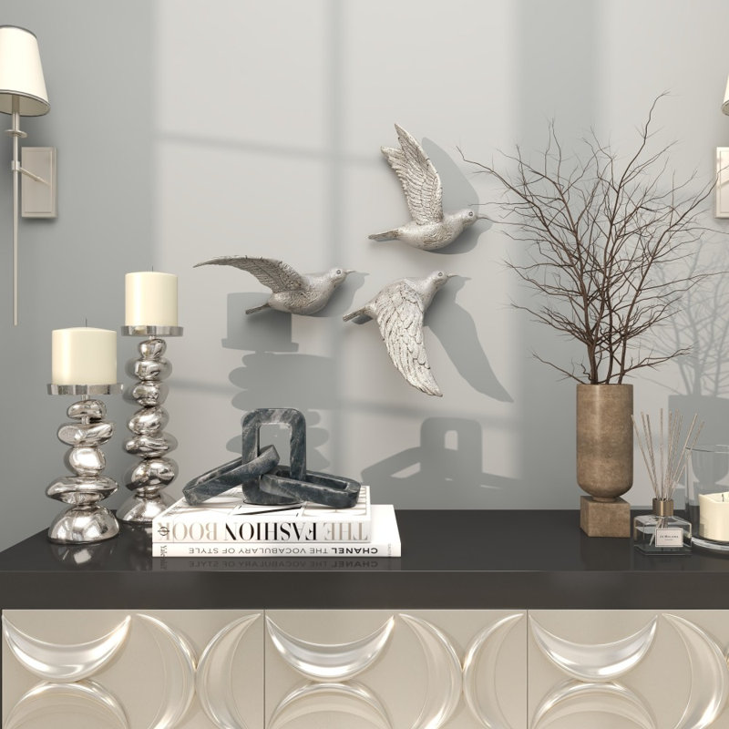 Ensemble de 3 décorations murales d'oiseaux flottants en polystone métallique, Argent argent, H 10 po x l 10 po x P 3 po